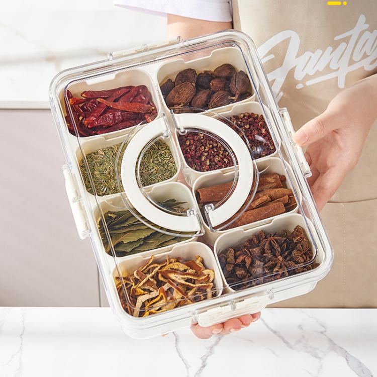 8-Compartment Spice Organizer with Transparent Lid & Handle For Dried Basil, Parsley, Rosemary & Bay Leaves - White
