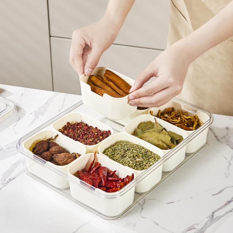 8-Compartment Spice Organizer with Transparent Lid & Handle For Dried Basil, Parsley, Rosemary & Bay Leaves - White