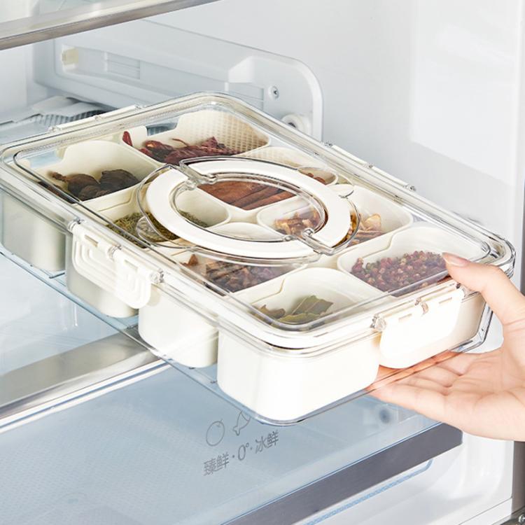 8-Compartment Spice Organizer with Transparent Lid & Handle For Dried Basil, Parsley, Rosemary & Bay Leaves - White