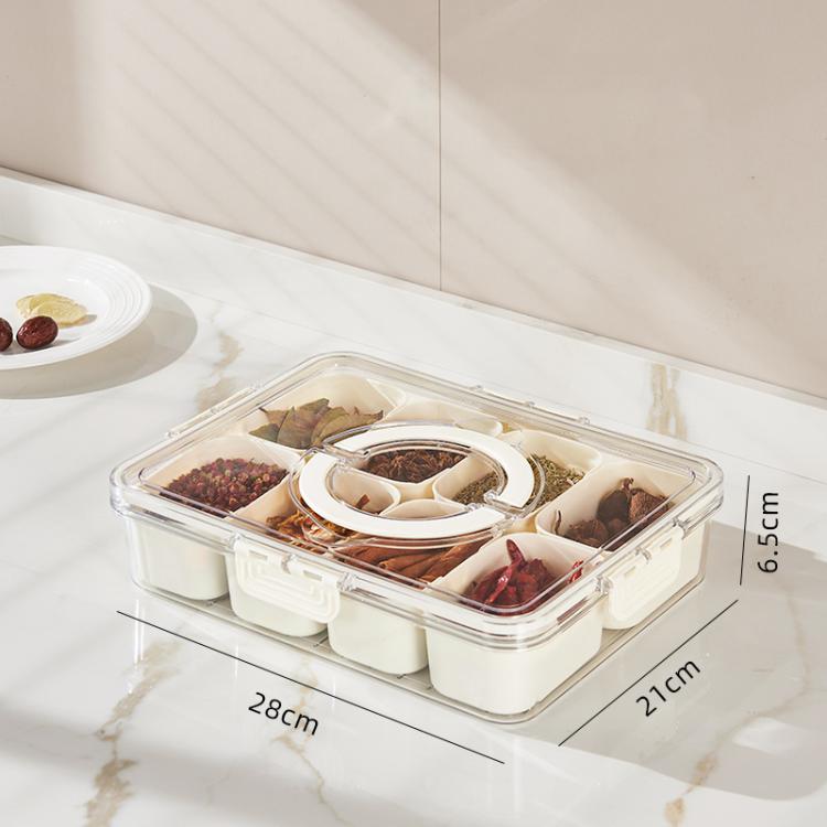 8-Compartment Spice Organizer with Transparent Lid & Handle For Dried Basil, Parsley, Rosemary & Bay Leaves - White