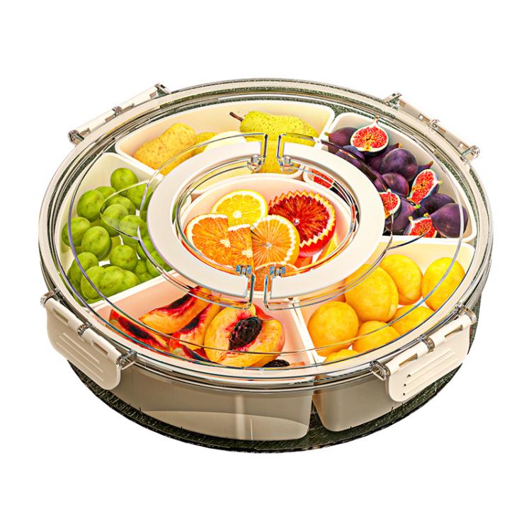 360-Degree Rotating 6-Compartment Snack Tray with Handle & Airtight Lid – Round Portable Food Storage Container for Fruits, Nuts, Candy - White