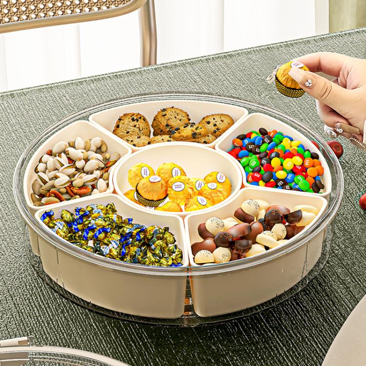 360-Degree Rotating 6-Compartment Snack Tray with Handle & Airtight Lid – Round Portable Food Storage Container for Fruits, Nuts, Candy - White