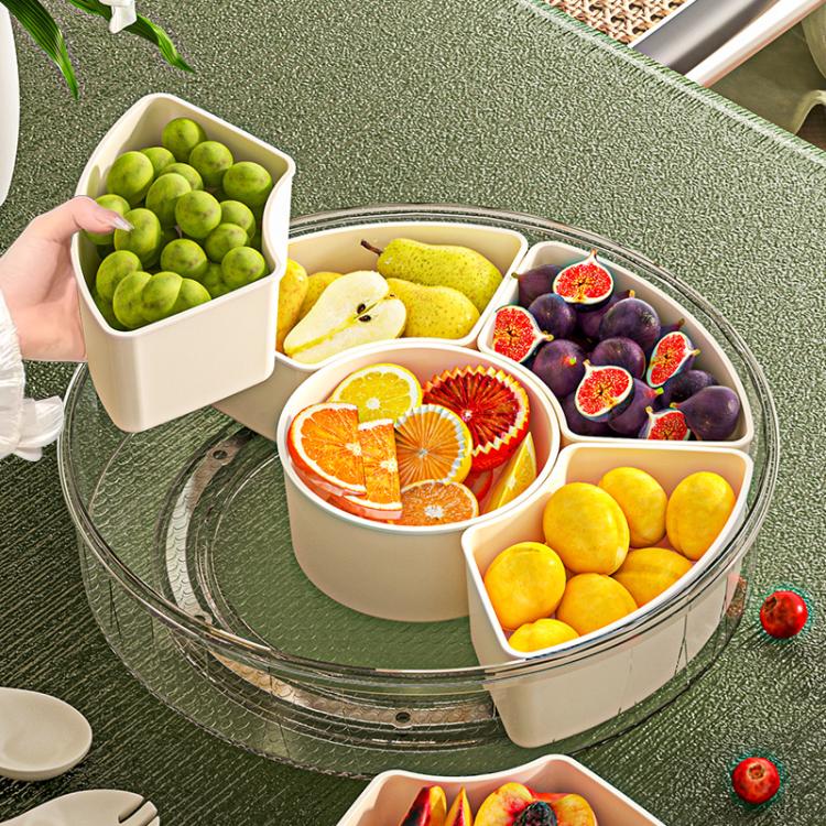 360-Degree Rotating 6-Compartment Snack Tray with Handle & Airtight Lid – Round Portable Food Storage Container for Fruits, Nuts, Candy - White
