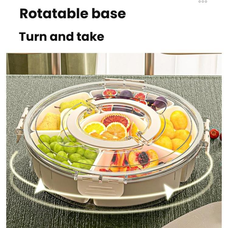 360-Degree Rotating 6-Compartment Snack Tray with Handle & Airtight Lid – Round Portable Food Storage Container for Fruits, Nuts, Candy - White