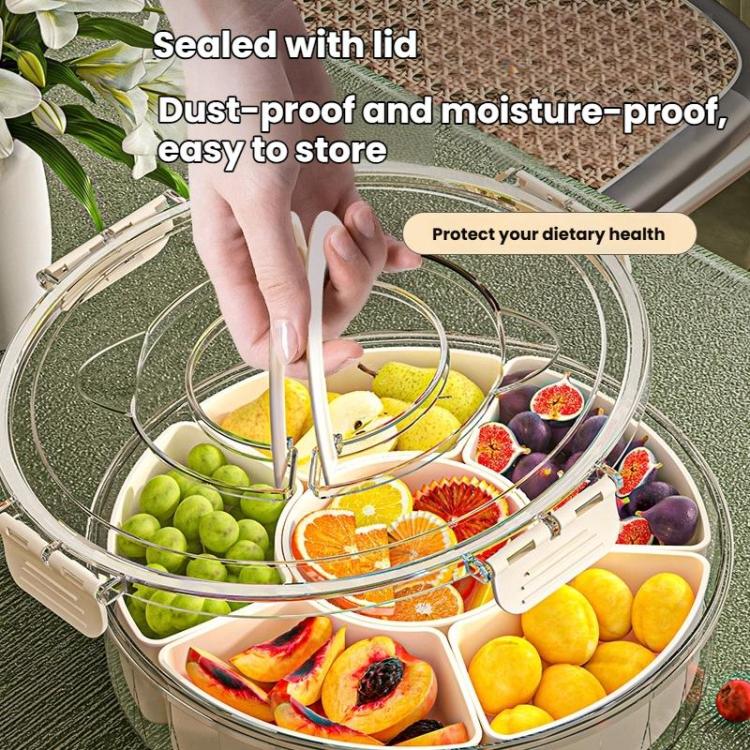 360-Degree Rotating 6-Compartment Snack Tray with Handle & Airtight Lid – Round Portable Food Storage Container for Fruits, Nuts, Candy - White