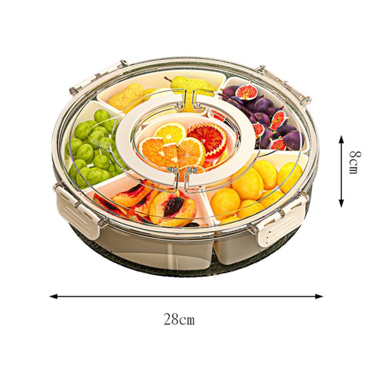 360-Degree Rotating 6-Compartment Snack Tray with Handle & Airtight Lid – Round Portable Food Storage Container for Fruits, Nuts, Candy - White