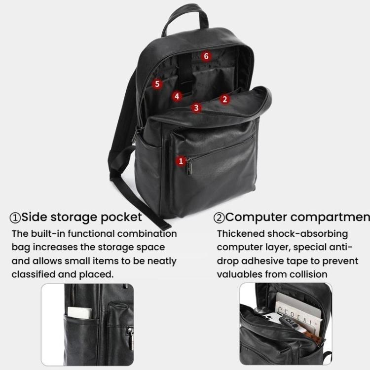 BULL CAPTAIN 606 Men Retro Leather Backpack Multi-Functional Laptop Bag - Black