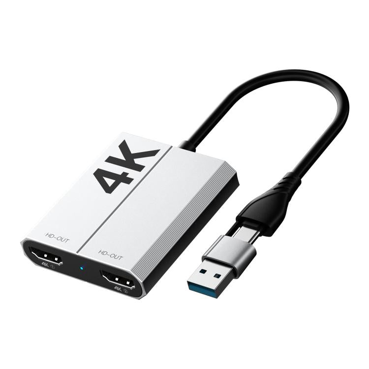 USB3.0+Type-C To Dual HDMI Extender 4K 60HZ Dual Screen Heterodyne HD Video Converter, Size: 25cm - Silver Gray
