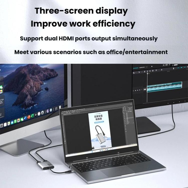 USB3.0+Type-C To Dual HDMI Extender 4K 60HZ Dual Screen Heterodyne HD Video Converter, Size: 25cm - Silver Gray