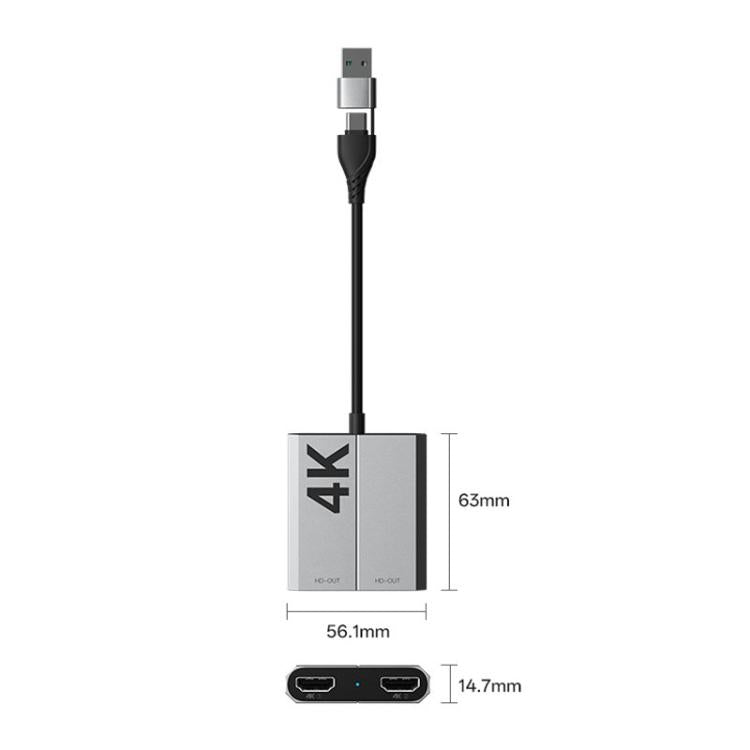 USB3.0+Type-C To Dual HDMI Extender 4K 60HZ Dual Screen Heterodyne HD Video Converter, Size: 25cm - Silver Gray
