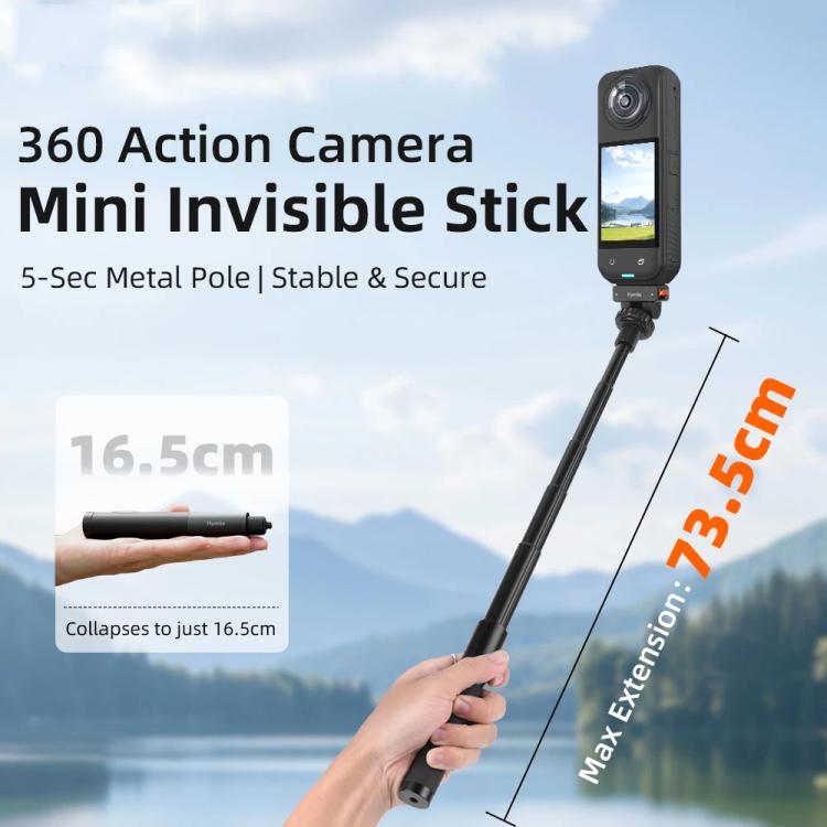 Flymile 16.5-73.5cm Mini Invisible Selfie Stick for Panoramic Cameras Anti-Shake Metal Pole Pocket-Friendly Extendable Selfie Monopod - Black