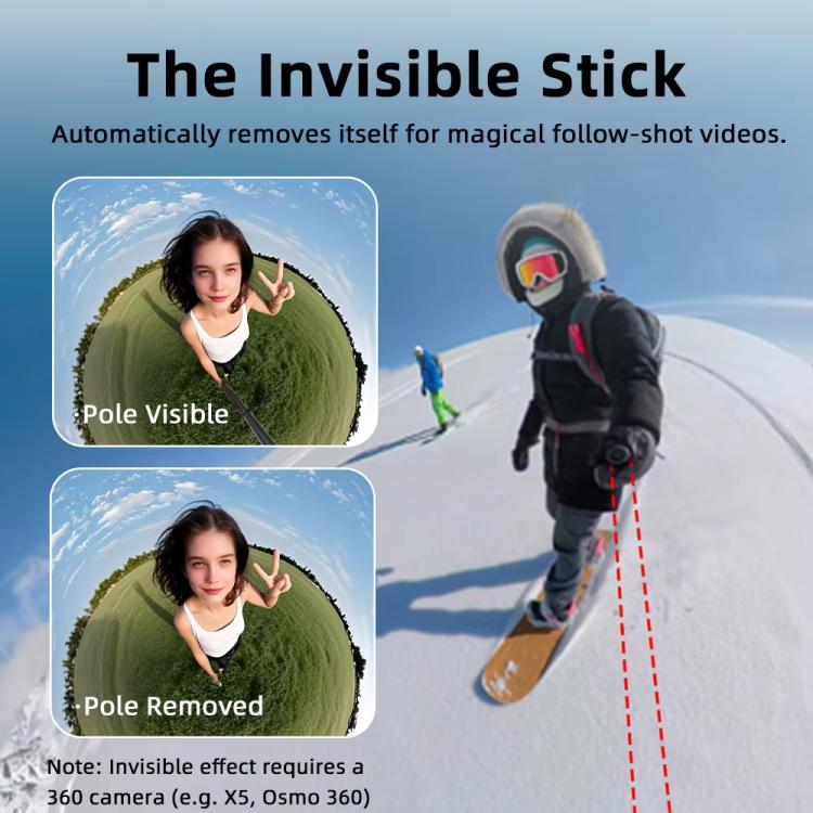 Flymile 16.5-73.5cm Mini Invisible Selfie Stick for Panoramic Cameras Anti-Shake Metal Pole Pocket-Friendly Extendable Selfie Monopod - Black