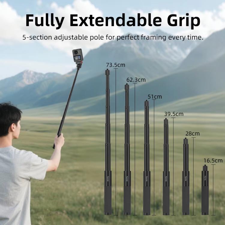 Flymile 16.5-73.5cm Mini Invisible Selfie Stick for Panoramic Cameras Anti-Shake Metal Pole Pocket-Friendly Extendable Selfie Monopod - Black