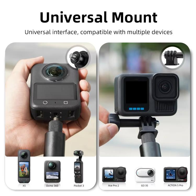 Flymile 16.5-73.5cm Mini Invisible Selfie Stick for Panoramic Cameras Anti-Shake Metal Pole Pocket-Friendly Extendable Selfie Monopod - Black