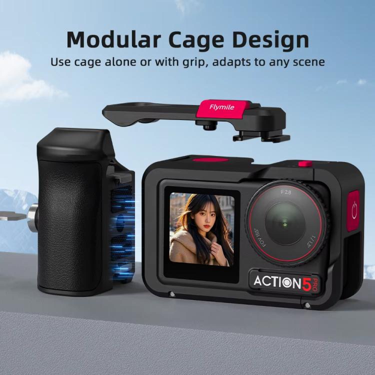 For DJI Action 5 Pro/4/3 Flymile Street Shooting Handle Grip Expansion Cage Kit - Black