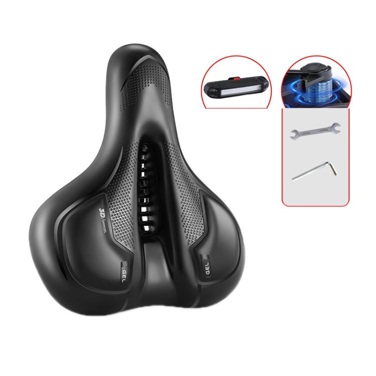 Thickened Universal Bicycle Saddle With Silicone Shock Absorber, Color: Black+USB Rechargeable Taillight - With Tools