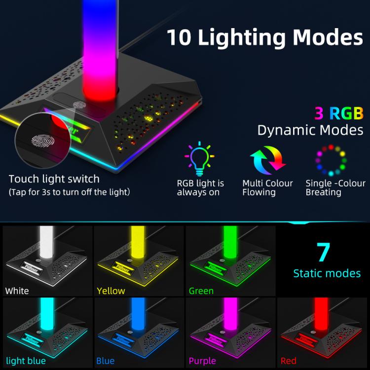 Piifoxer RGB Luminous Headphone Stand Handle Display Stand Charging Expansion Port, Specification: USB 2.0+Type-C