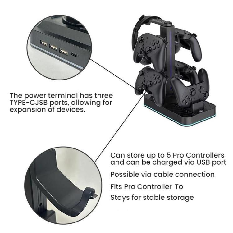 For Nintendo Switch 2 Pro Controller Headphone Storage Rack Charging Base - Black