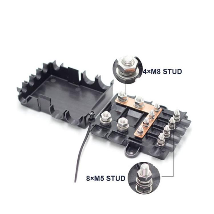 6-Way Automotive Fuse Block Box, 2-500A 32V DC, with 2 Input and 4 Output Terminals With 6 Fuses