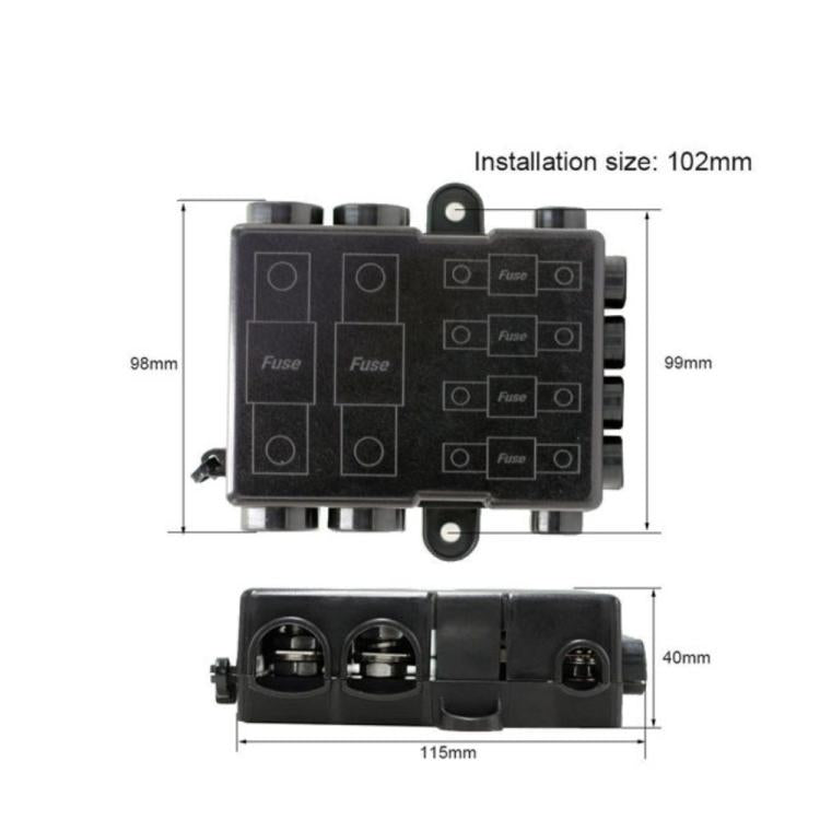 6-Way Automotive Fuse Block Box, 2-500A 32V DC, with 2 Input and 4 Output Terminals Black