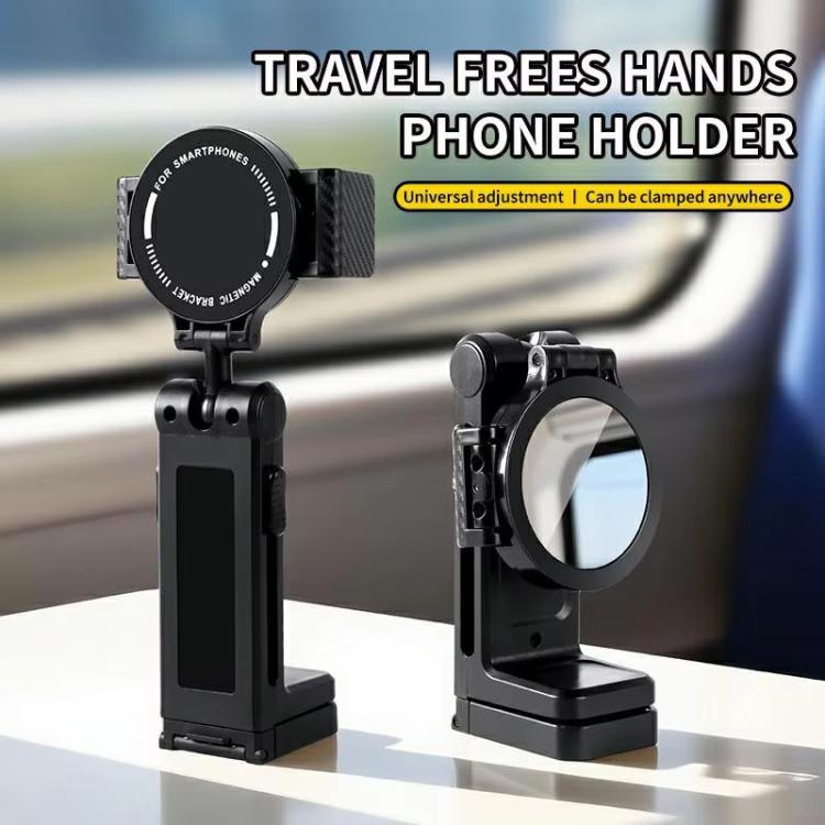 L2 Magnetic+Mirror Portable Phone Holder Clamp Mount For Travel 360-Degree Rotation Lazy Bracket Desk Stand - Black