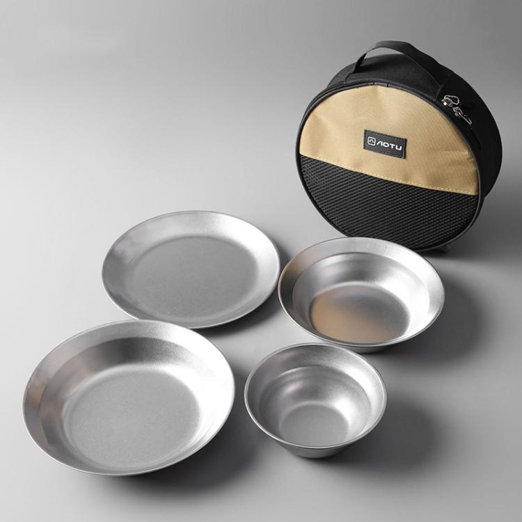 AOTU AT6438-1 4pcs /Set Outdoor Stainless Steel Dinner Plate Set Camping Portable BBQ Plate, With Storage Bag