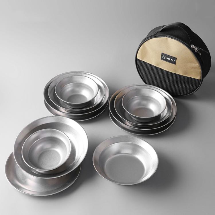 AOTU AT6438-1 12pcs /Set Outdoor Stainless Steel Dinner Plate Set Camping Portable BBQ Plate, With Storage Bag