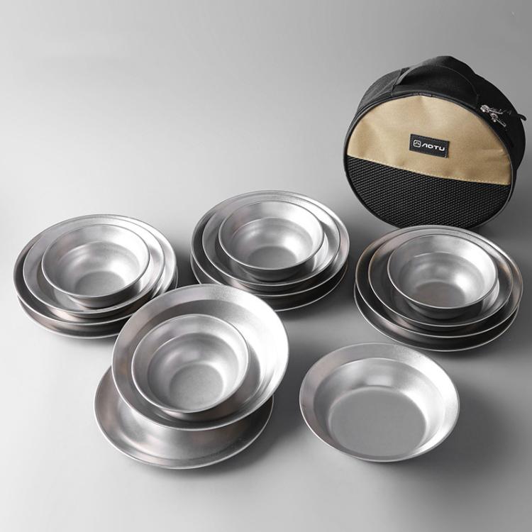 AOTU AT6438-1 16pcs /Set Outdoor Stainless Steel Dinner Plate Set Camping Portable BBQ Plate, With Storage Bag