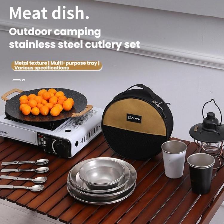 AOTU AT6438-1 12pcs /Set Outdoor Stainless Steel Dinner Plate Set Camping Portable BBQ Plate, With Storage Bag