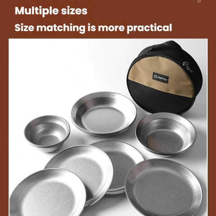 AOTU AT6438-1 4pcs /Set Outdoor Stainless Steel Dinner Plate Set Camping Portable BBQ Plate, With Storage Bag