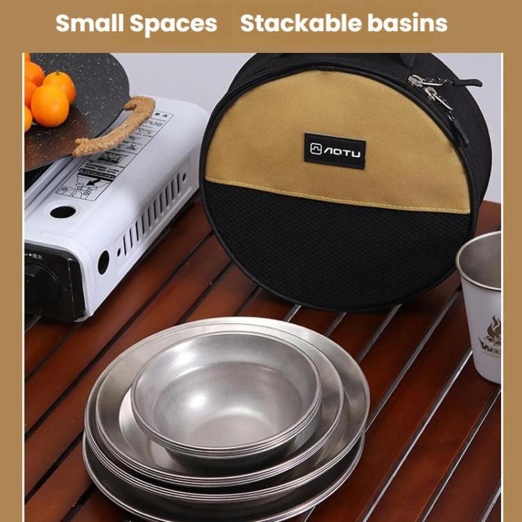 AOTU AT6438-1 4pcs /Set Outdoor Stainless Steel Dinner Plate Set Camping Portable BBQ Plate, With Storage Bag