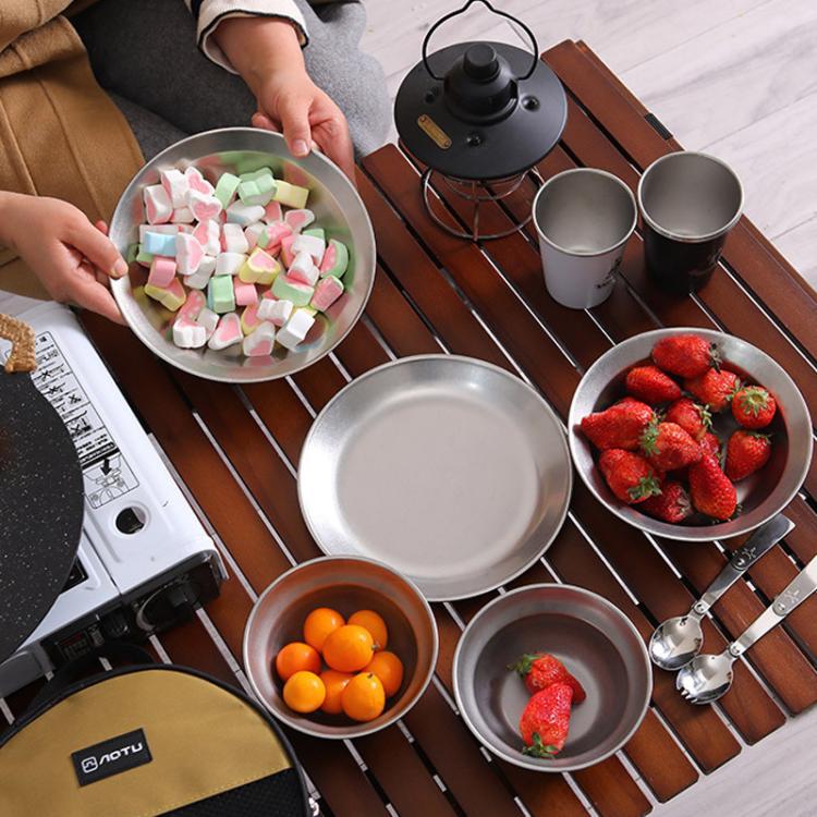 AOTU AT6438-1 4pcs /Set Outdoor Stainless Steel Dinner Plate Set Camping Portable BBQ Plate, With Storage Bag