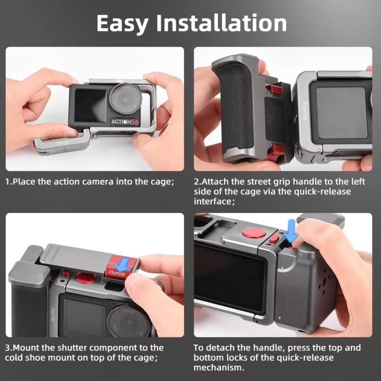 Flymile Street Shooting Handle Kit for DJI Osmo Action 5 Pro/4/3 Action Camera Aluminum Expansion Cage - Metal Color