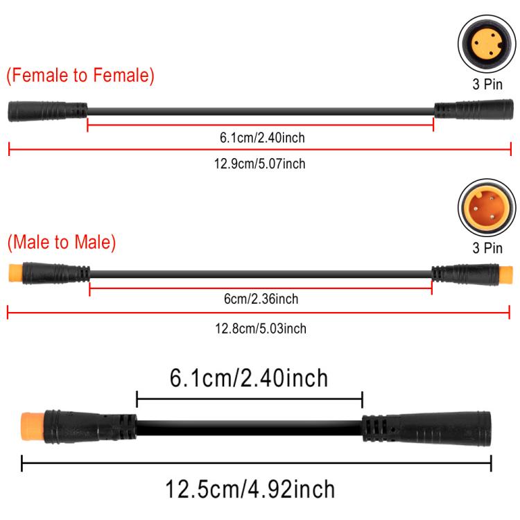 Male For Electric Bicycle Thumb Throttle 3 Pin Extension Cable Waterproof Wire Plugs