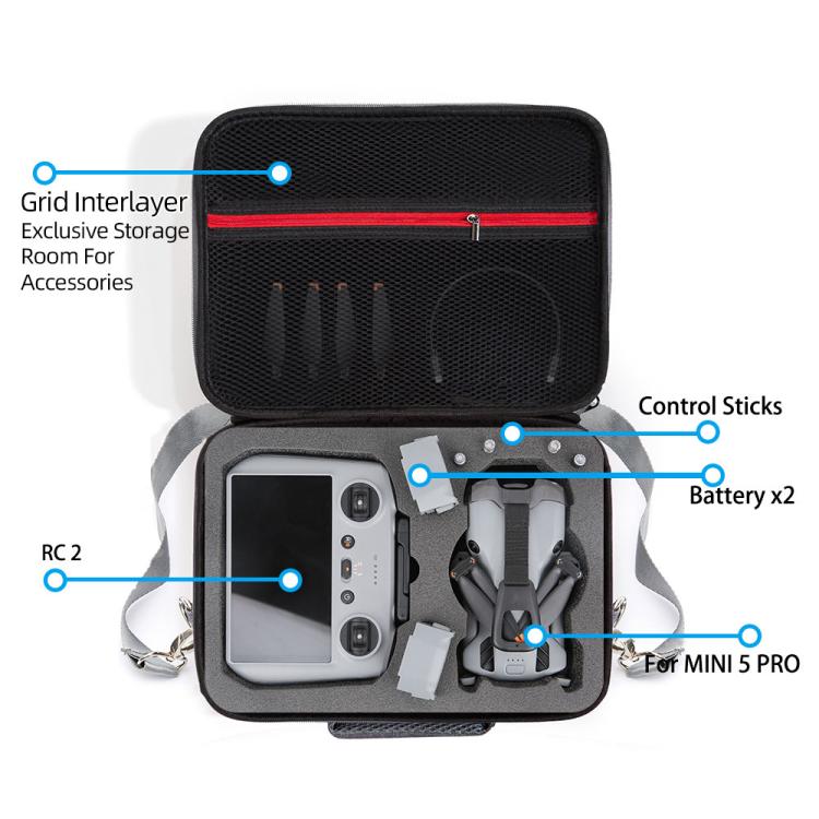 For DJI Mini 5 Pro & RC 2 / RC-N3 Remote Control Nylon Storage Bag Portable Travel Shoulder Bag - Gray