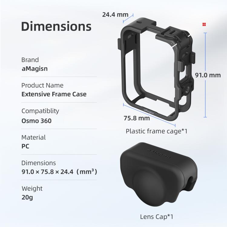 For DJI Osmo 360 aMagisn Expansion Cage Plastic Frame with Lens Cap - Black