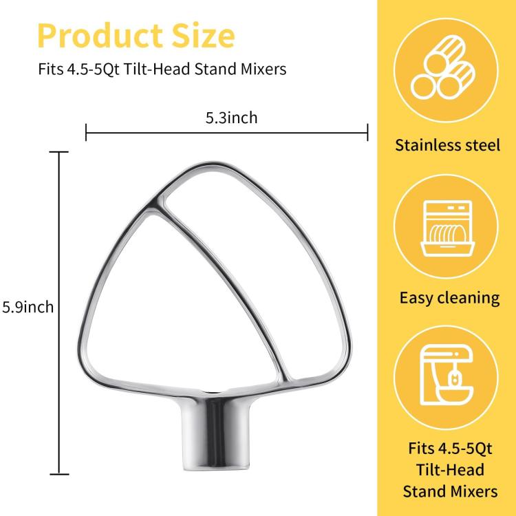 Stainless Steel Flat Beater For KitchenAid 4.5 & 5 QT Mixers - No Coating Chip-Resistant Attachment