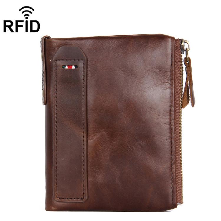 Leather RFID Men Short-Style Wallet Double-Zipper Billfold