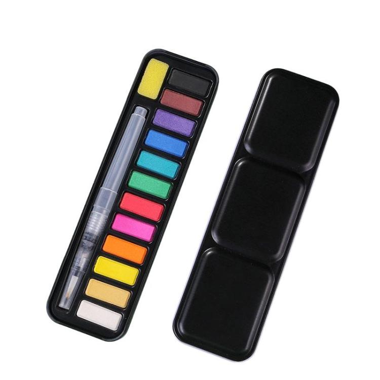 12 Colors Portable Iron Box Model Large Capacity Painting Solid Watercolor Paint With 1 Absorbent Sponge and 1 Tap Pen