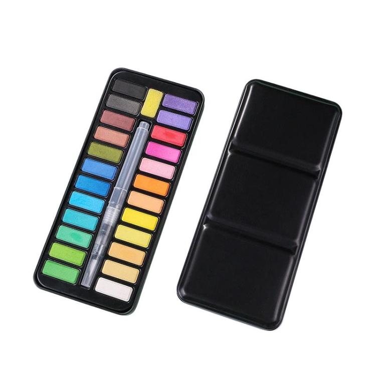 24 Colors Portable Iron Box Model Large Capacity Painting Solid Watercolor Paint With 1 Absorbent Sponge and 1 Tap Pen