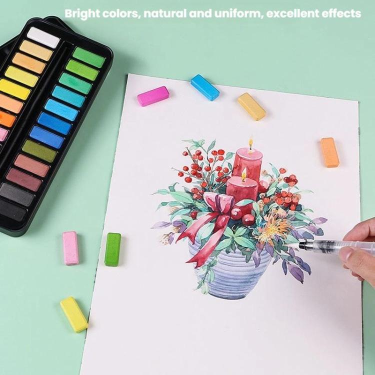 24 Colors Portable Iron Box Model Large Capacity Painting Solid Watercolor Paint With 1 Absorbent Sponge and 1 Tap Pen