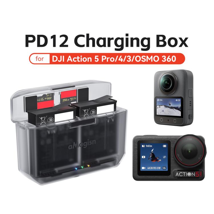 AMagisn PD12 Charging Case Battery Charger For DJI Osmo 360/ Action 5 Pro / 4 / 3 - Black Clear