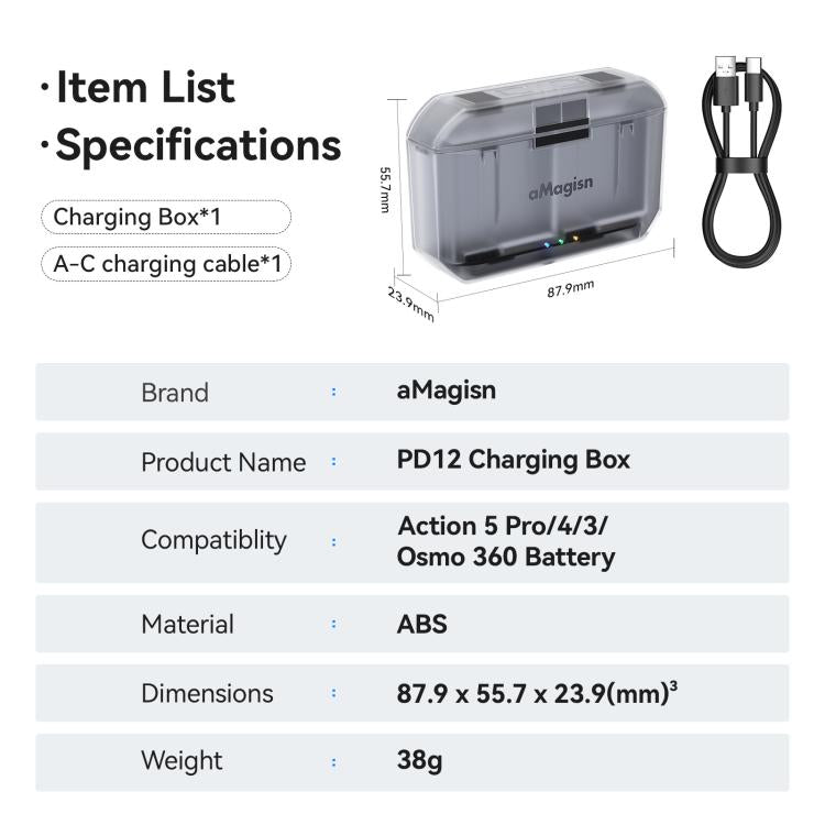 AMagisn PD12 Charging Case Battery Charger For DJI Osmo 360/ Action 5 Pro / 4 / 3 - Black Clear