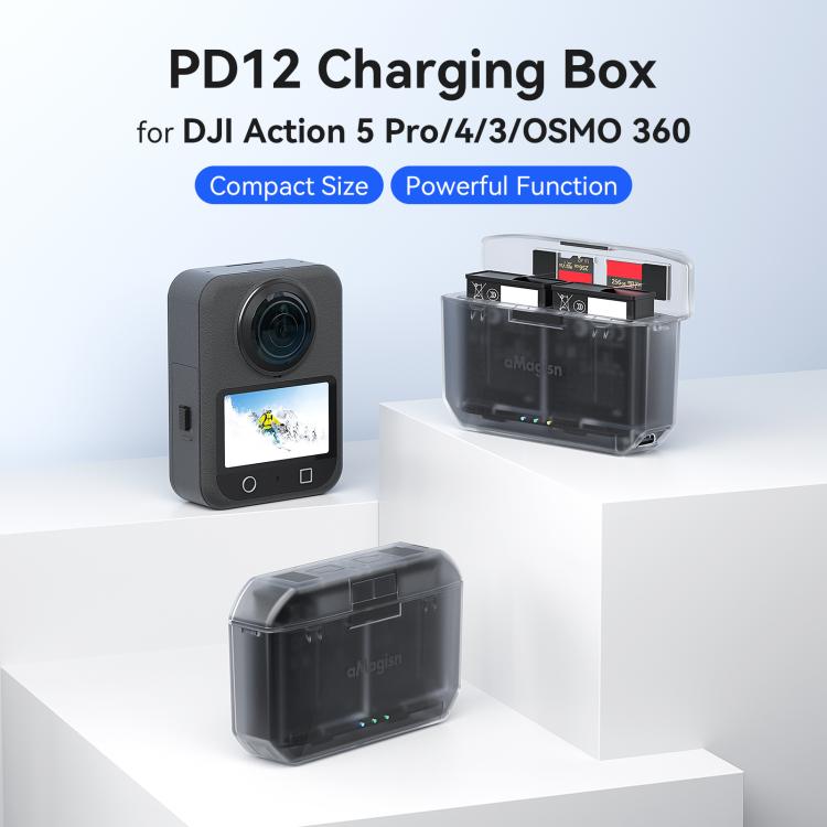 AMagisn PD12 Charging Case Battery Charger For DJI Osmo 360/ Action 5 Pro / 4 / 3 - Black Clear