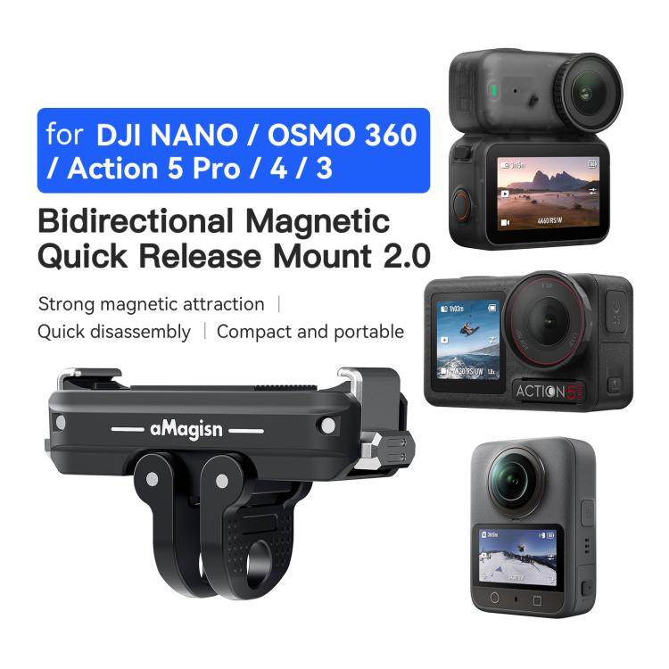 aMagisn TN11 Bidirectional Magnetic Quick Release Mount 2.0 For DJI Nano / Osmo 360 / Action 5 Pro / 4 / 3 - Black
