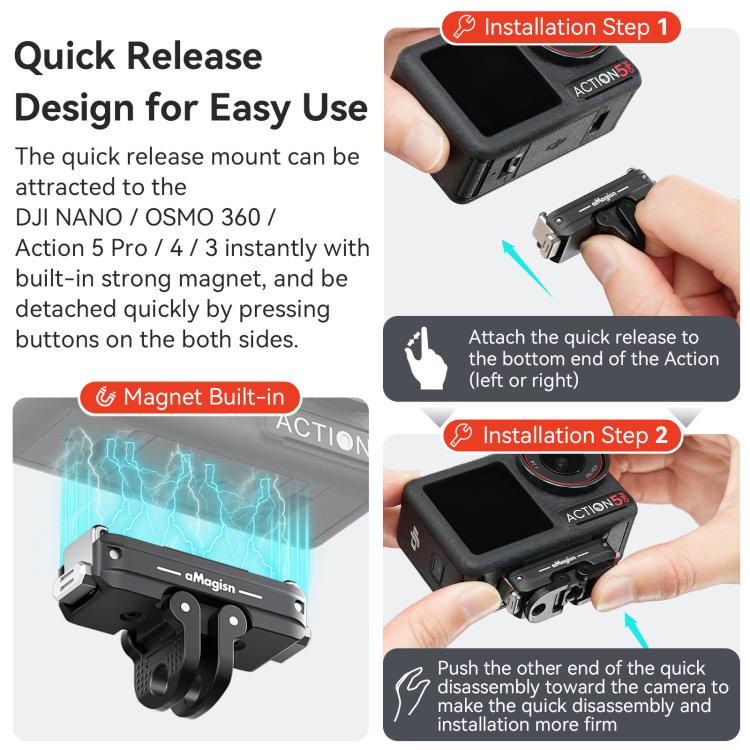 aMagisn TN11 Bidirectional Magnetic Quick Release Mount 2.0 For DJI Nano / Osmo 360 / Action 5 Pro / 4 / 3 - Black