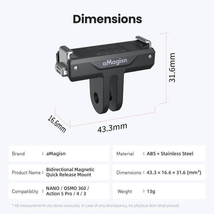 aMagisn TN10 Bidirectional Magnetic Quick Release Mount For DJI Nano / Osmo 360 / Action 5 Pro / 4 / 3 - Black