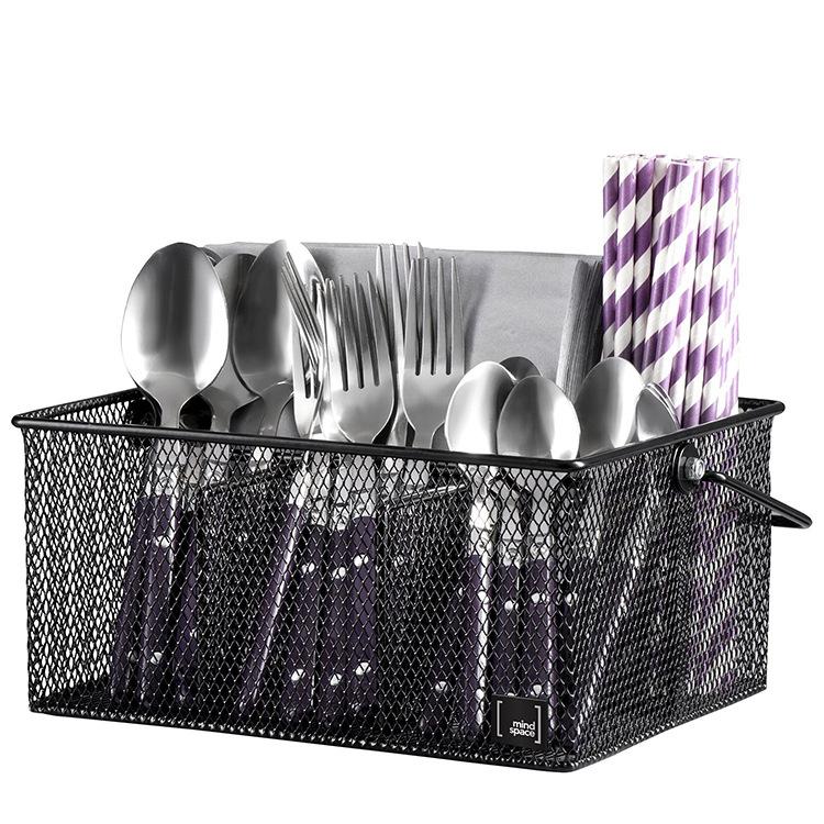 Handled Iron Cutlery Organizer Basket Divided Utensil Storage & Drying Rack for Kitchen and Dining Cleaning Tools - Black
