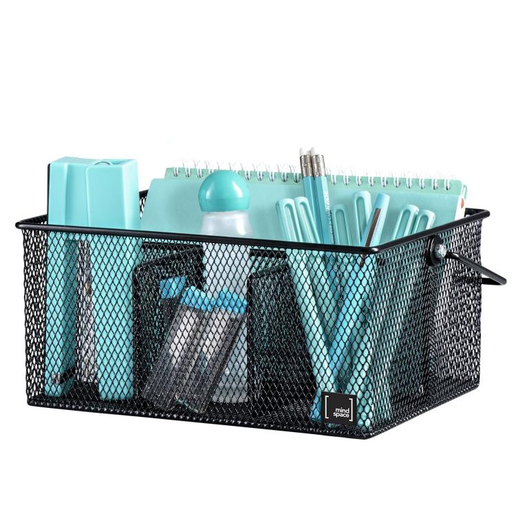 Handled Iron Cutlery Organizer Basket Divided Utensil Storage & Drying Rack for Kitchen and Dining Cleaning Tools - Black