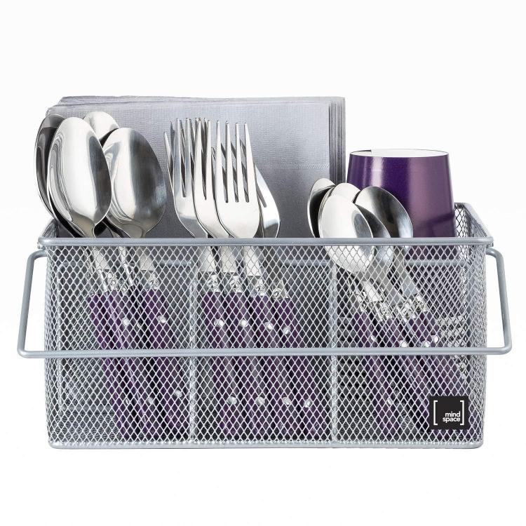 Handled Iron Cutlery Organizer Basket Divided Utensil Storage & Drying Rack for Kitchen and Dining Cleaning Tools - Black